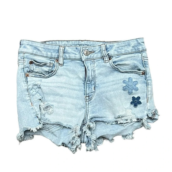 American Eagle High Rise Shortie Light Wash Patches Cut Off Beach Vacation 4 - Picture 1 of 12